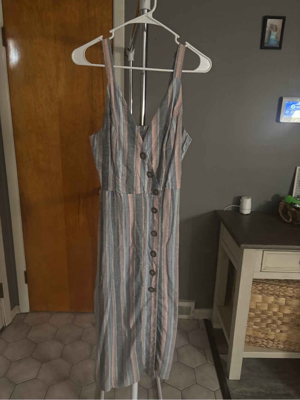 Sequin Hearts Blue and Pink Striped Midi Dress with Button Front